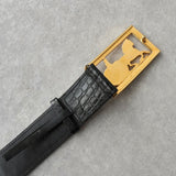 セリーヌ ヴィンテージ サルキー 輪馬車 GP バックル クロコ レザー ベルト ブラック / ゴールド レディース