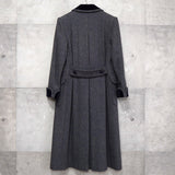 イヴ サンローラン 1990s ヴィンテージ シルク混 ヘリンボーン ダブル チェスターコート ロングコート レディース グレー - NEWSED