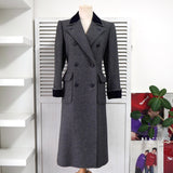 イヴ サンローラン 1990s ヴィンテージ シルク混 ヘリンボーン ダブル チェスターコート ロングコート レディース グレー - NEWSED