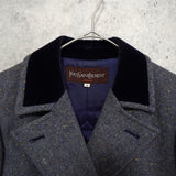 イヴ サンローラン 1990s ヴィンテージ シルク混 ヘリンボーン ダブル チェスターコート ロングコート レディース グレー - NEWSED