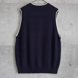 1990's チャップス ラルフローレン ワンポイント ロゴ刺繍 コットン ニットベスト チルデンニット ネイビー×ホワイト Lサイズ - NEWSED