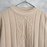 1990's イヴ・サンローラン カサンドラロゴ YSLロゴ アラン編み ケーブル編み ウール ニット セーター ベージュ 2XL相当 - NEWSED