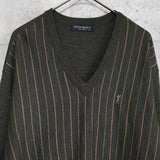 イヴサンローラン 1990's ヴィンテージ YSLロゴ ニット Vネック ストライプ柄 カーキ - NEWSED