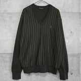 イヴサンローラン 1990's ヴィンテージ YSLロゴ ニット Vネック ストライプ柄 カーキ - NEWSED