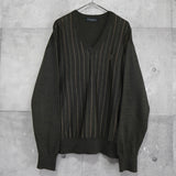 イヴサンローラン 1990's ヴィンテージ YSLロゴ ニット Vネック ストライプ柄 カーキ - NEWSED