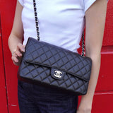 シャネル ターンロック マトラッセ25 キャビアスキン ダブルフラップ チェーンショルダーバッグ トートバッグ ブラック シルバー - NEWSED