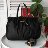 プラダ テスート ポコノ ナイロン/レザー 編み上げハンドル リボン ギャザー 2way ハンドバッグ ショルダーバッグ ブラック - NEWSED