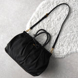 プラダ テスート ポコノ ナイロン/レザー 編み上げハンドル リボン ギャザー 2way ハンドバッグ ショルダーバッグ ブラック - NEWSED