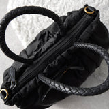 プラダ テスート ポコノ ナイロン/レザー 編み上げハンドル リボン ギャザー 2way ハンドバッグ ショルダーバッグ ブラック - NEWSED