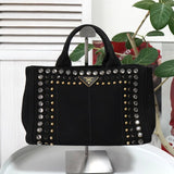 プラダ カナパ ビジュー キャンバス 2way ハンドバッグ ショルダーバッグ ブラック - NEWSED