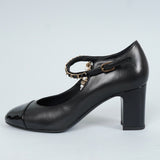 シャネル メリージェーン チェーン & パール アンクルストラップ チャンキーヒール パンプス ブラック38C / 24.0cm〜24.5cm - NEWSED