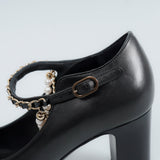 シャネル メリージェーン チェーン & パール アンクルストラップ チャンキーヒール パンプス ブラック38C / 24.0cm〜24.5cm - NEWSED