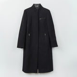 プラダ レザーパイピング フライフロント マオカラー ウール ロングコート グレー レディース