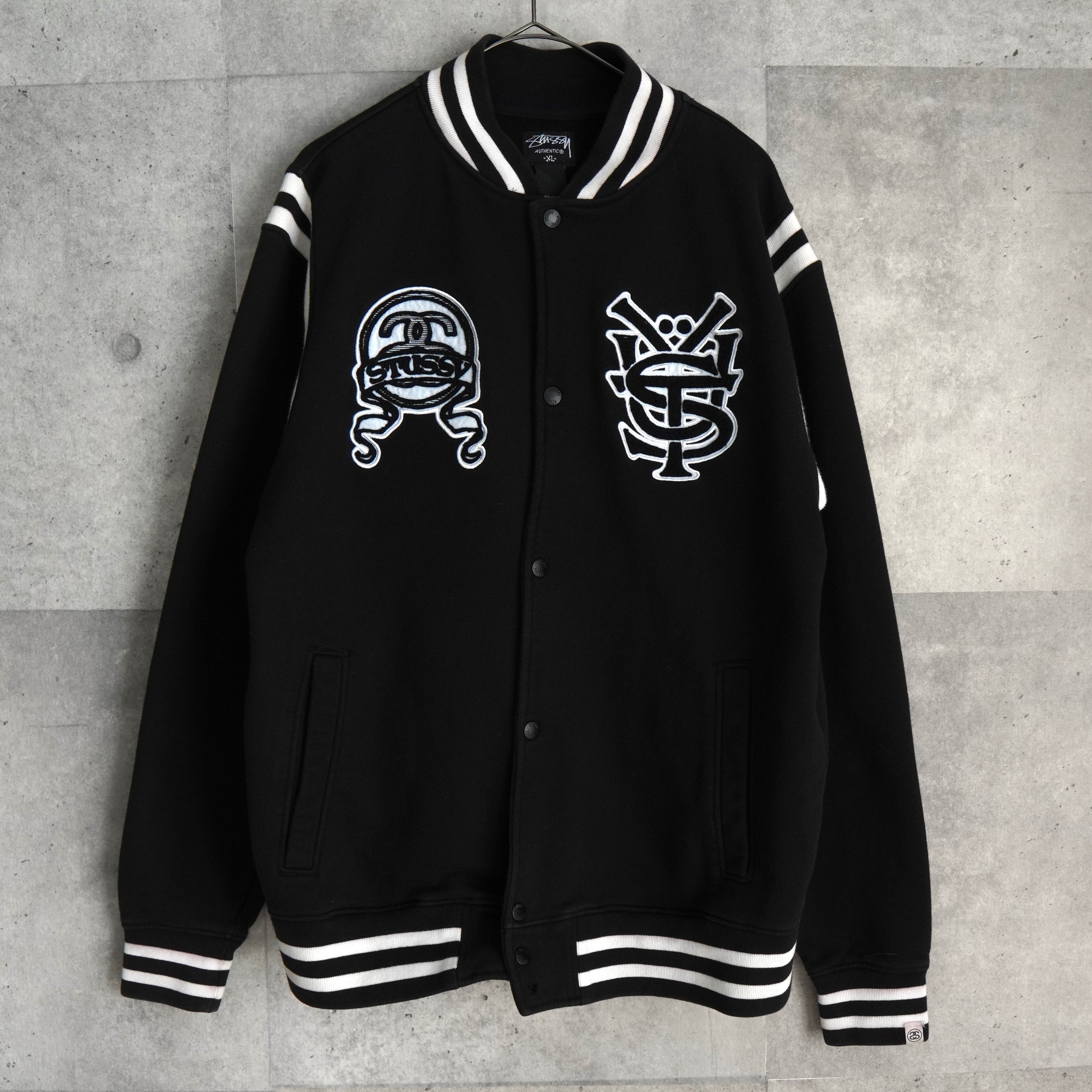 希少サイズXL!! Stussy バーシティー スウェットスタジャン ステューシー ロゴ バーシティ ジャケット スタジャン ブラック