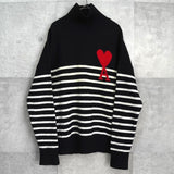アミパリ アミ パリス ハートロゴ ボーダー タートルネック ニット ブラック / ホワイト
