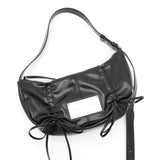 Half Shirring Ribbon Round Bag マーティン キム ロゴプレート リボン ワンショルダーバッグ ブラック