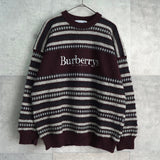バーバリー ボーダー柄 ロゴ 刺繍 ニット ボルドー / グレー