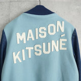 メゾン キツネ フェルトロゴ デニム切り替え ウール ブルゾン スタジャン ブルー