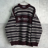 バーバリー ボーダー柄 ロゴ 刺繍 ニット ボルドー / グレー