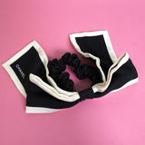 シャネル ロゴ カメリア柄 リボン バイカラー シュシュ ブラック / ホワイト