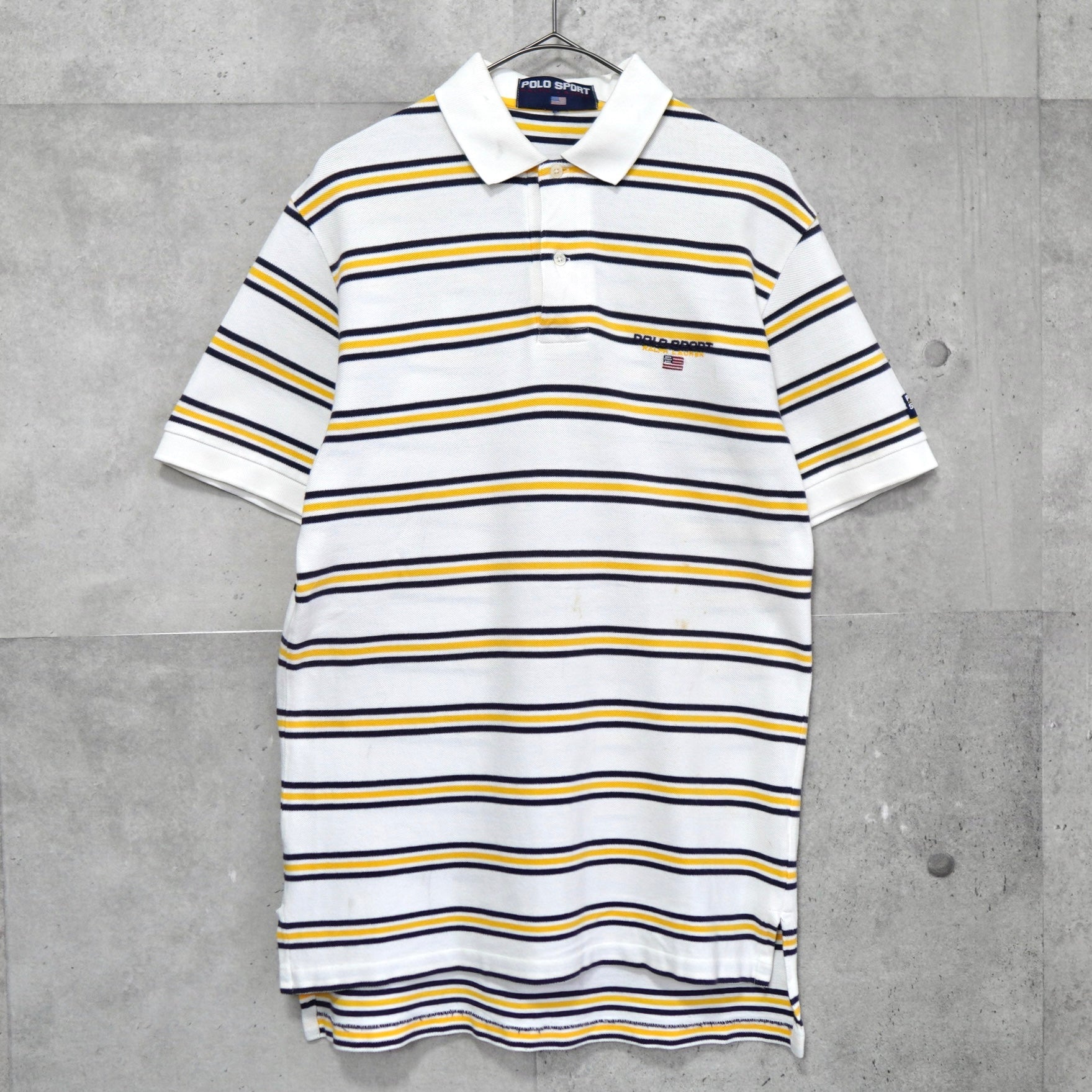 【POLO SPORT】90s~星条旗ロゴ刺繍・太ボーダー半袖ポロシャツ ポロスポーツ ラルフローレン 星条旗ロゴ ワンポイント刺繍 ボーダー柄