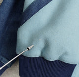 メゾン キツネ フェルトロゴ デニム切り替え ウール ブルゾン スタジャン ブルー