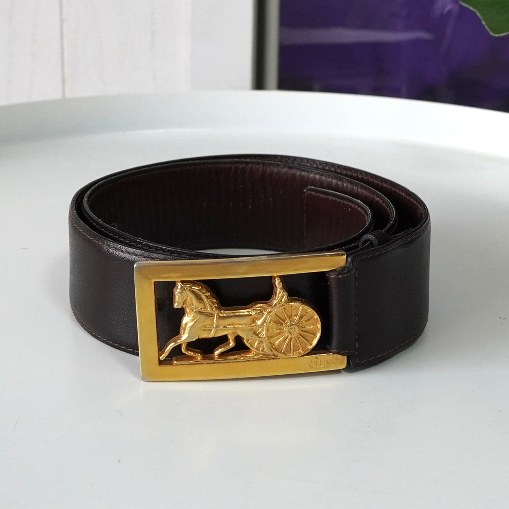 セリーヌ ヴィンテージ サルキー 輪馬車 レザー ベルト ブラウン / ゴールド レディース