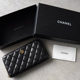 シャネル ラムスキン マトラッセ ラウンドジップ レザー 長財布 ブラック 保存袋・箱付き - NEWSED