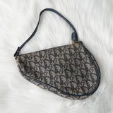 クリスチャン ディオール サドル キャンバス / レザー ハンドバッグ ワンショルダーバッグ ネイビー - NEWSED