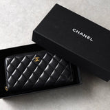 シャネル ラムスキン マトラッセ ラウンドジップ レザー 長財布 ブラック 保存袋・箱付き - NEWSED