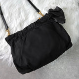 プラダ ジャガード テスートナイロン / レザー ギャザー リボン ショルダーバッグ ブラック - NEWSED