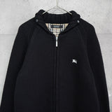 バーバリー ジップアップ ニットジャケット ホースロゴ 刺繍 ノバチェック裏地 キリティング裏地 ブラック - NEWSED