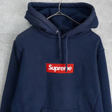 シュプリーム ボックスロゴ フーディー パーカー ネイビー - NEWSED
