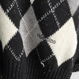 ヴァレンティノ ヴィンテージ Vネック ニット アーガイル柄 ロゴ 刺繍 ブラック - NEWSED