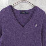 ポロ ラルフローレン ロゴ 刺繍 Vネック ニット パープル レディース - NEWSED