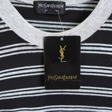イヴ・サンローラン ヴィンテージ カサンドラロゴ YSLロゴ 刺繍 Tシャツ ストライプ柄 グレー デッドストック品 - NEWSED