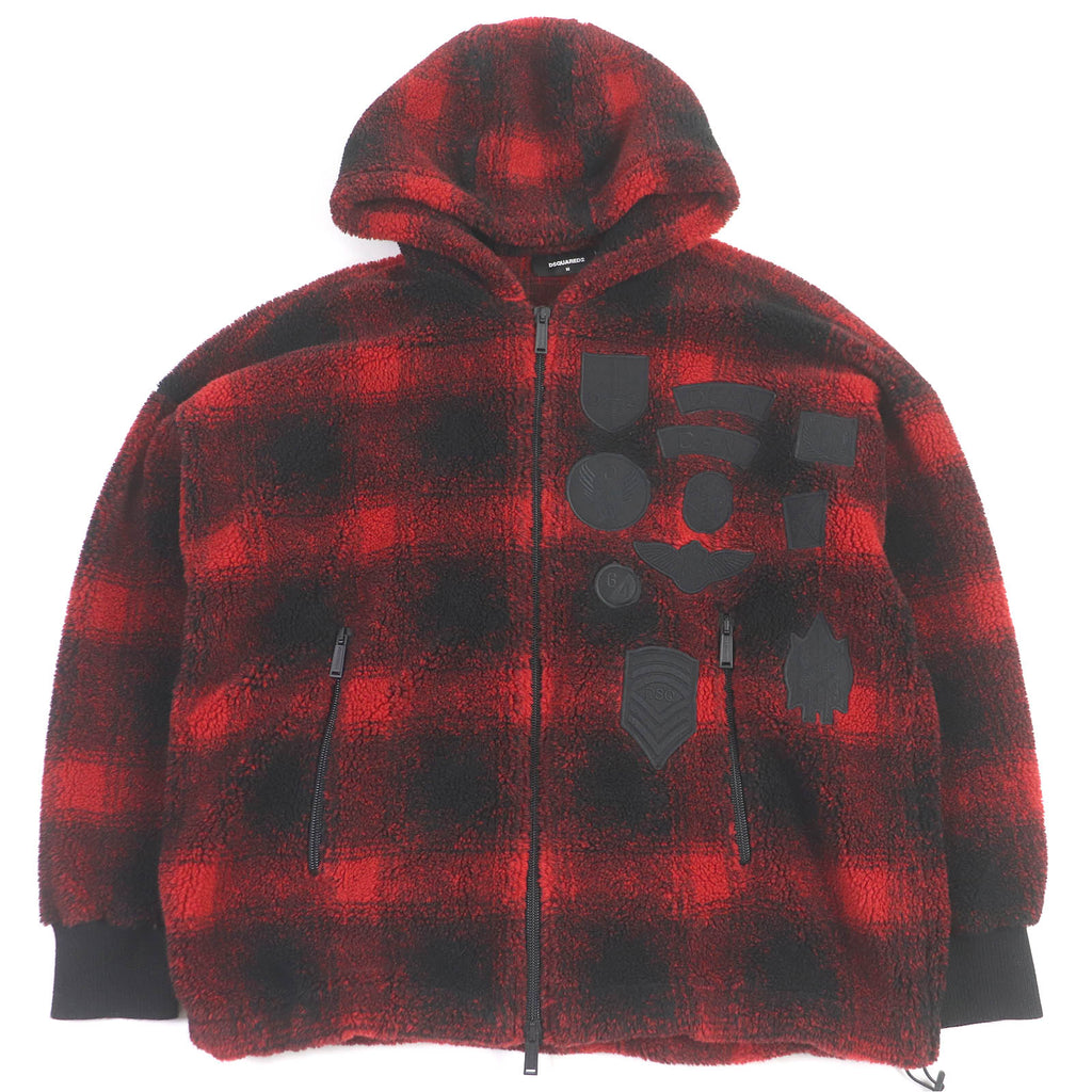 ディースクエアード CHECK PATCH ZIP HOODIE バッファローチェック ボアフリースジャケット ブルゾン レッド M メンズ