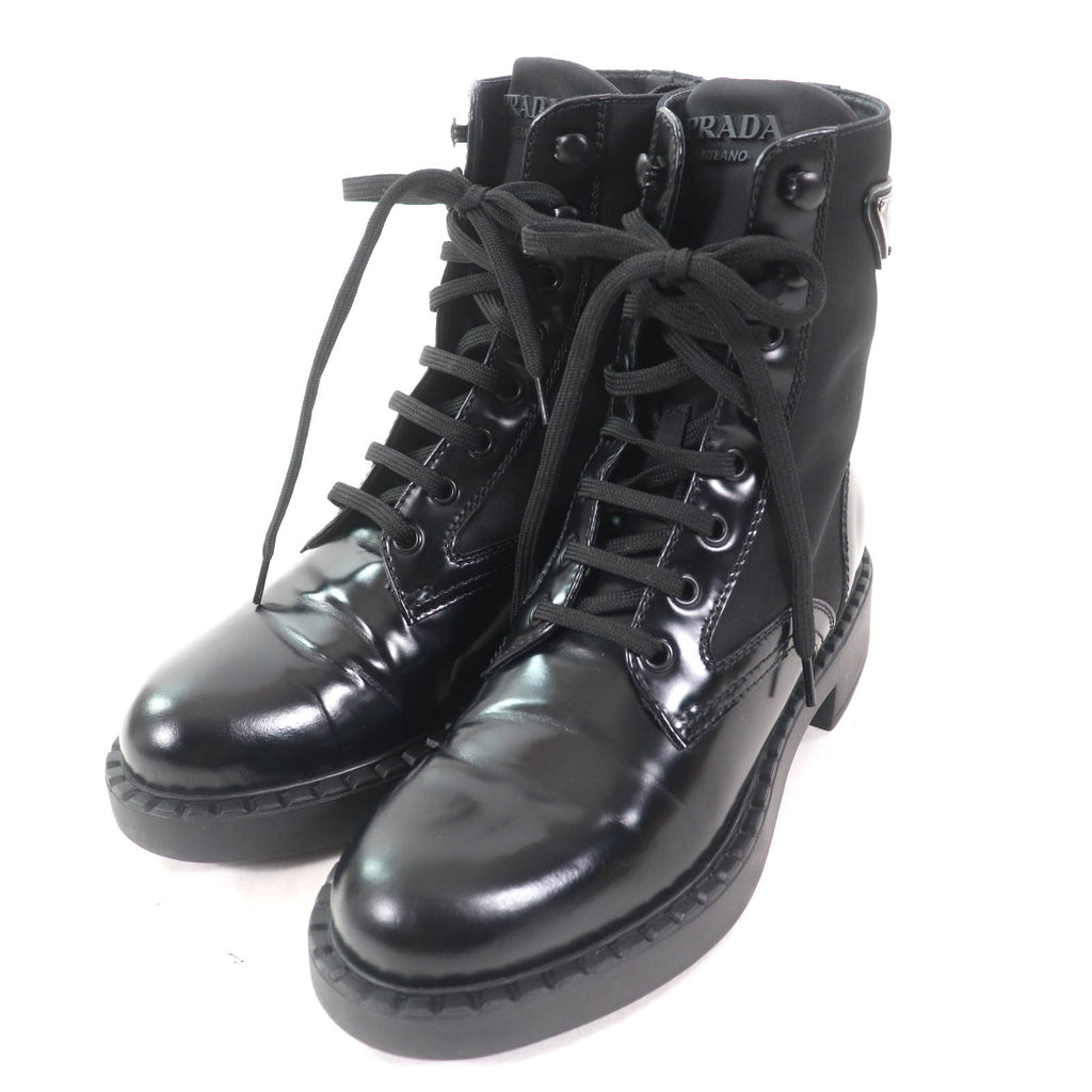 プラダ Re Nylonトライアングルロゴ ブラッシュドレザー ショートブーツ ブラック 37 レディース