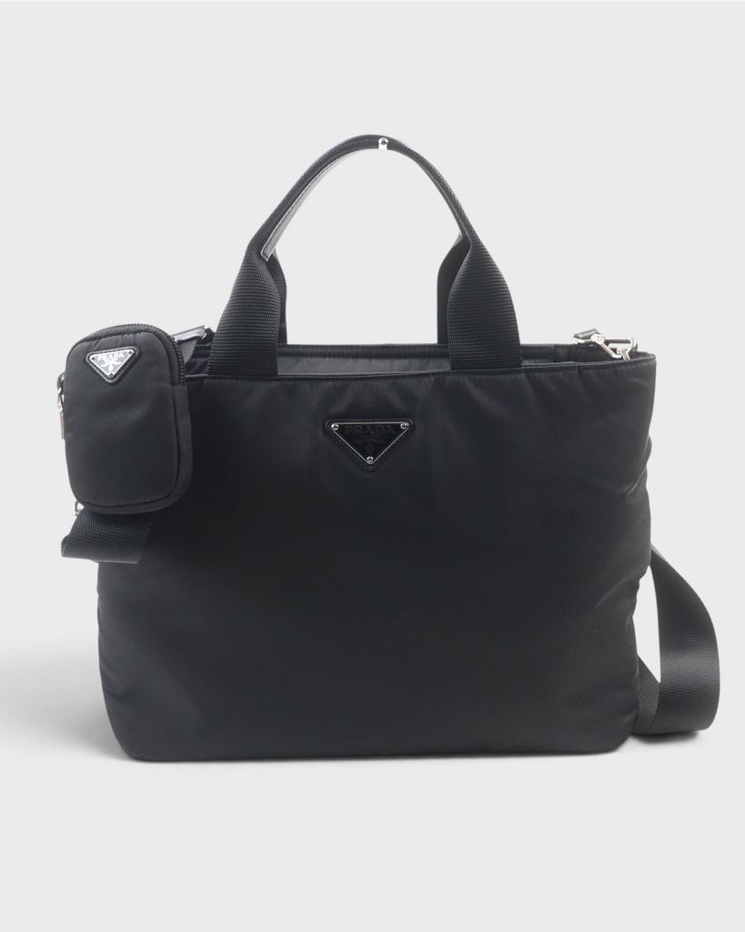 プラダ Re-Nylon ポーチ・ショルダー付 トライアングルロゴ レザー使い 2WAY ハンドバッグ ブラック レディース