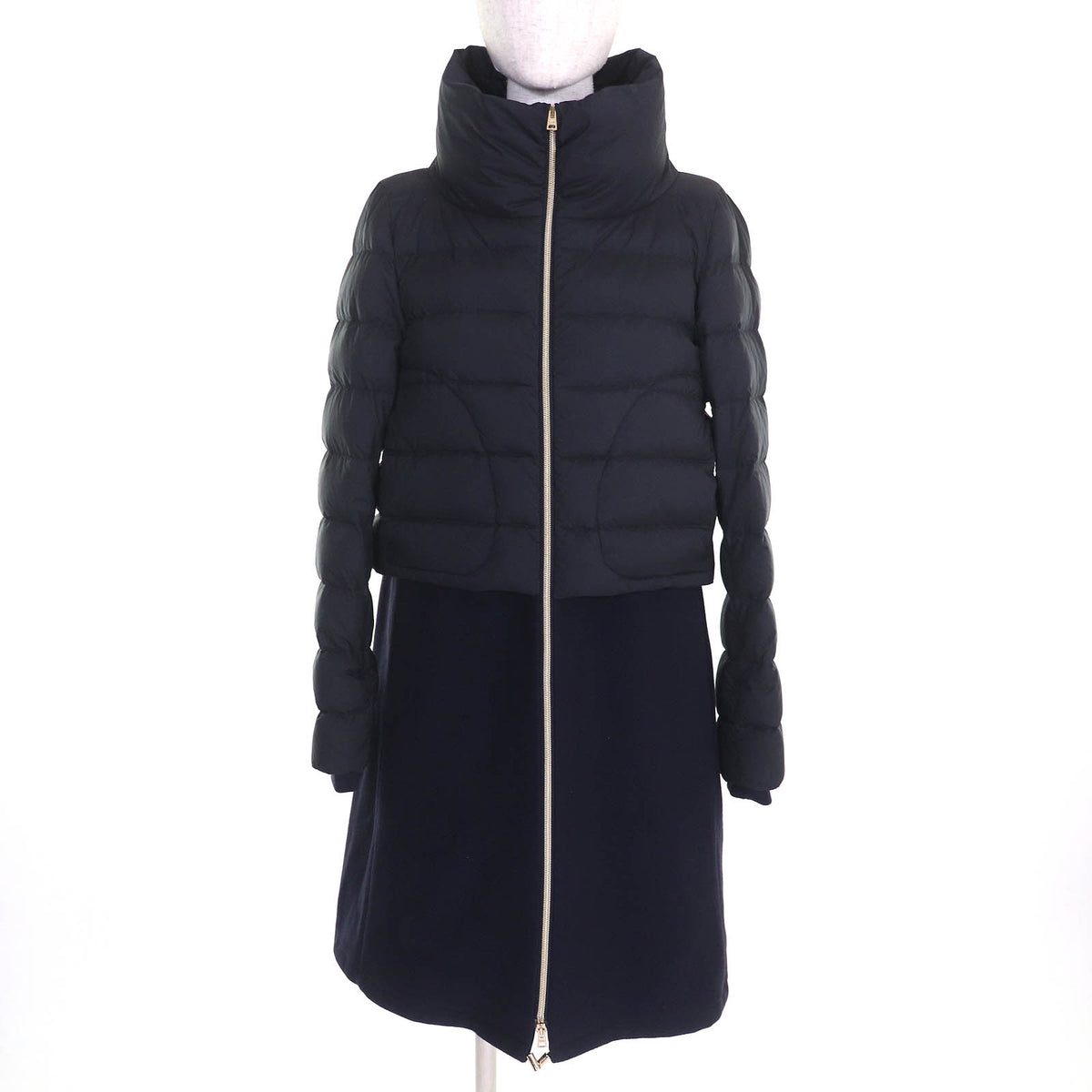 ヘルノ ロゴプレート スタンドカラー ウール切替 ZIP UP ロング ダウンコート ネイビー 40 レディース