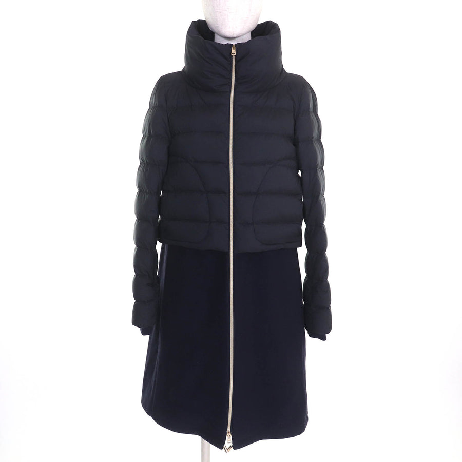 ヘルノ ロゴプレート スタンドカラー ウール切替 ZIP UP ロング ダウンコート ネイビー 40 レディース
