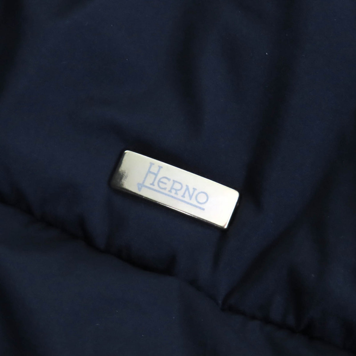 ヘルノ ロゴプレート スタンドカラー ウール切替 ZIP UP ロング ダウンコート ネイビー 40 レディース