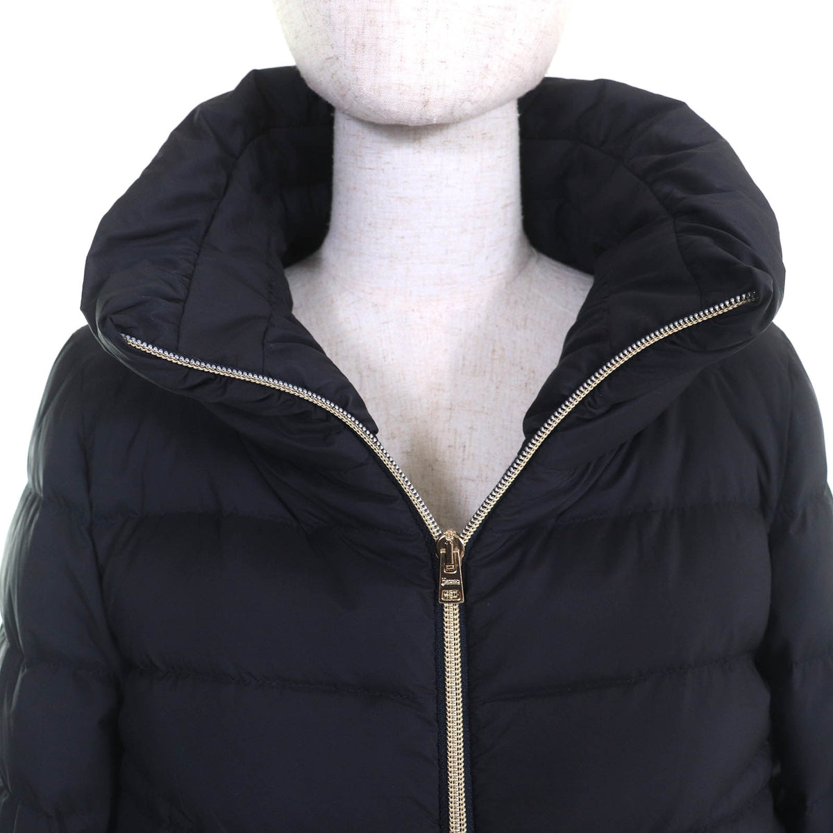 ヘルノ ロゴプレート スタンドカラー ウール切替 ZIP UP ロング ダウンコート ネイビー 40 レディース