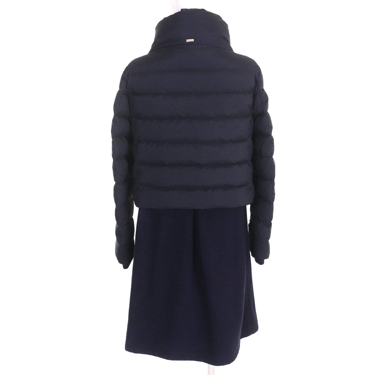 ヘルノ ロゴプレート スタンドカラー ウール切替 ZIP UP ロング ダウンコート ネイビー 40 レディース