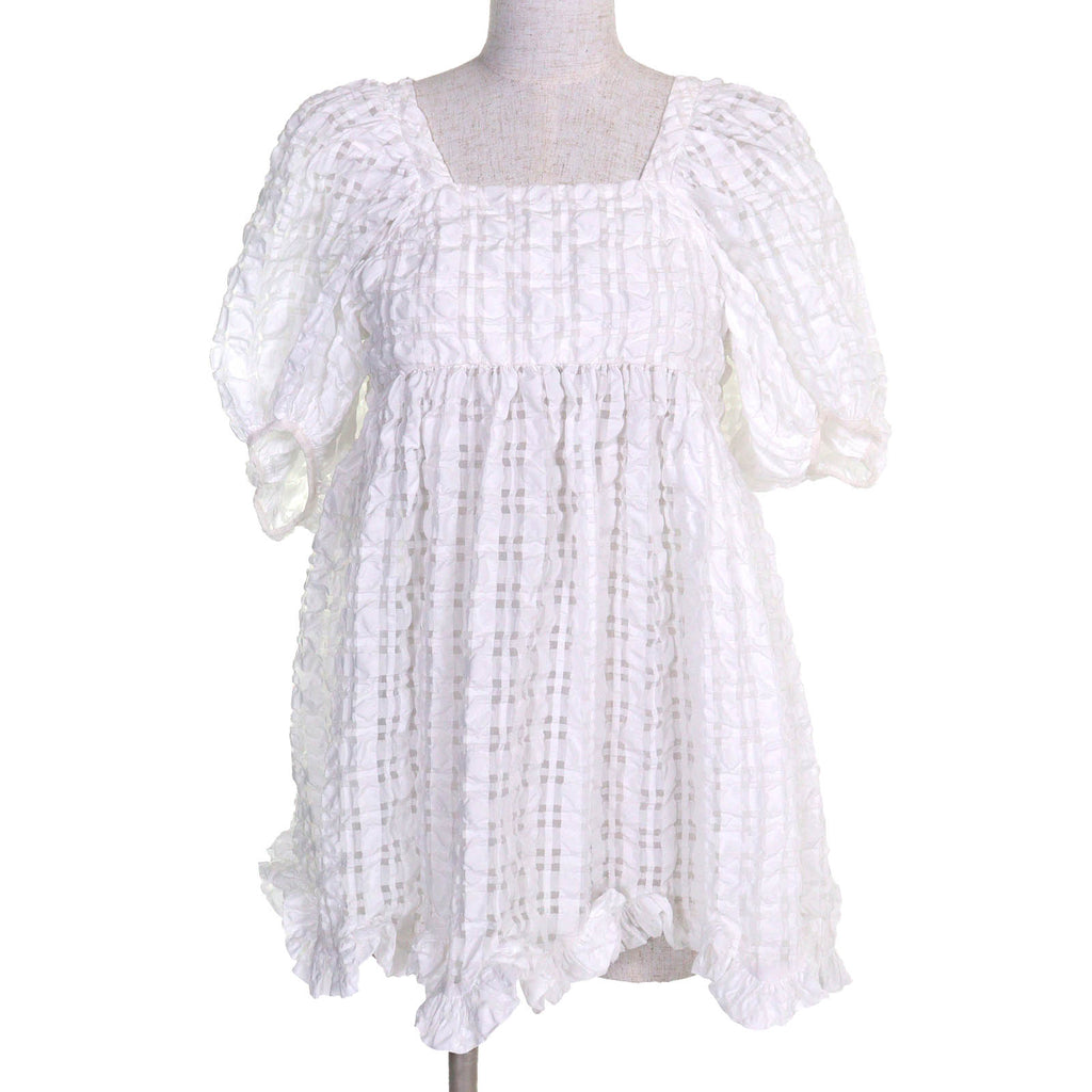 セシリーバンセン VEGTA BLOUSE 格子柄 パフスリーブ フレア ブラウス ホワイト UK6（日本サイズ約S相当） レディース