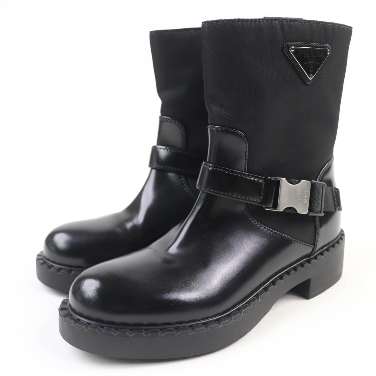プラダ トライアングルロゴ Re-Nylon レザー ショートブーツ ブラック 35.5 レディース