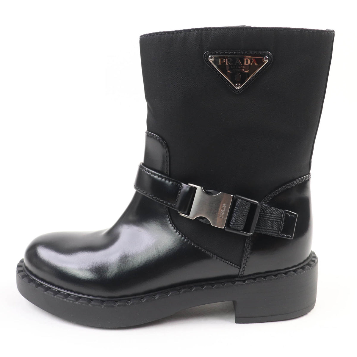 プラダ トライアングルロゴ Re-Nylon レザー ショートブーツ ブラック 35.5 レディース