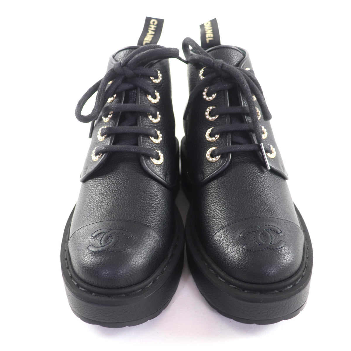 シャネル Fパール装飾 ココマーク レースアップ レザー ショートブーツ ブラック 36 レディース