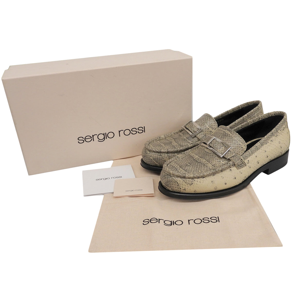 セルジオロッシ SR NORA ロゴ入りバックル パイソン型押し ローファー ベージュ 35.5 レディース