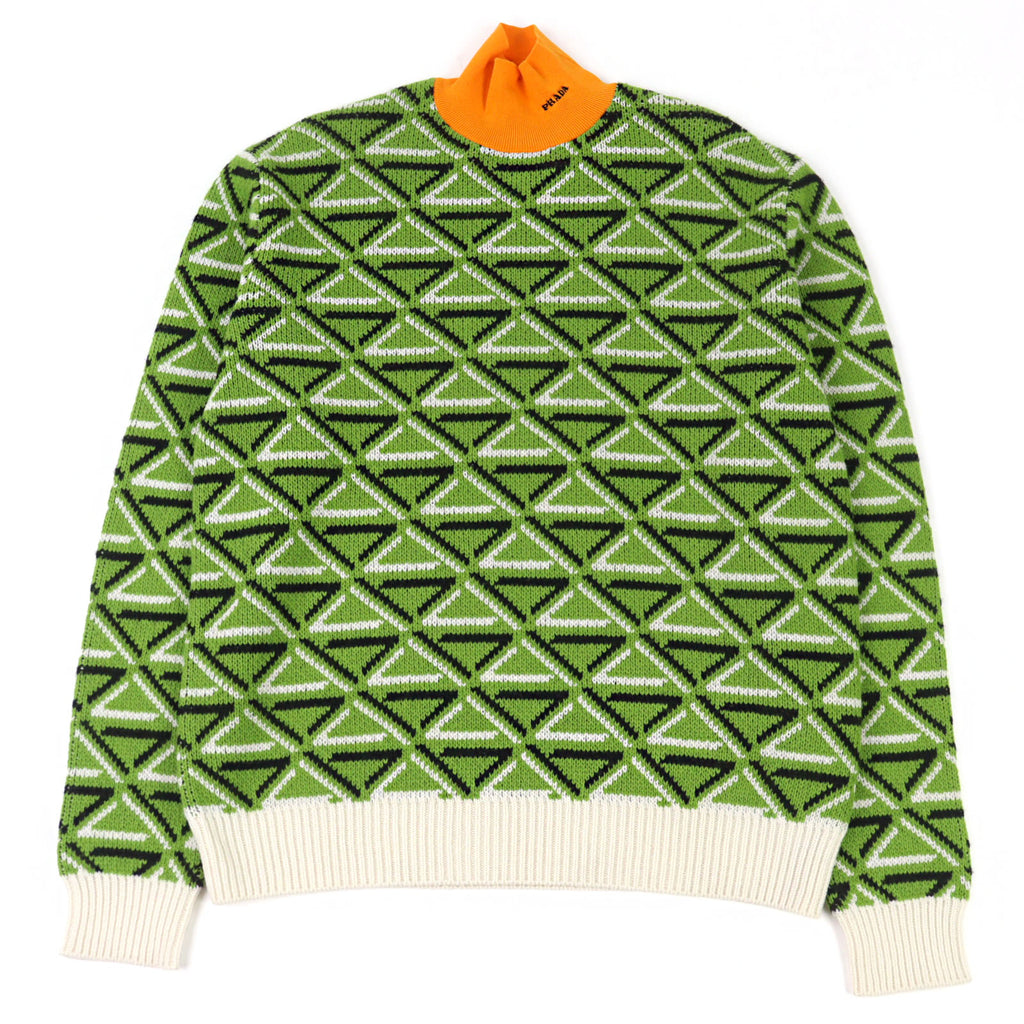 プラダ カシミア29% ロゴ刺繡 ハイネック ニット グリーン系 トライアングル柄 48 メンズ